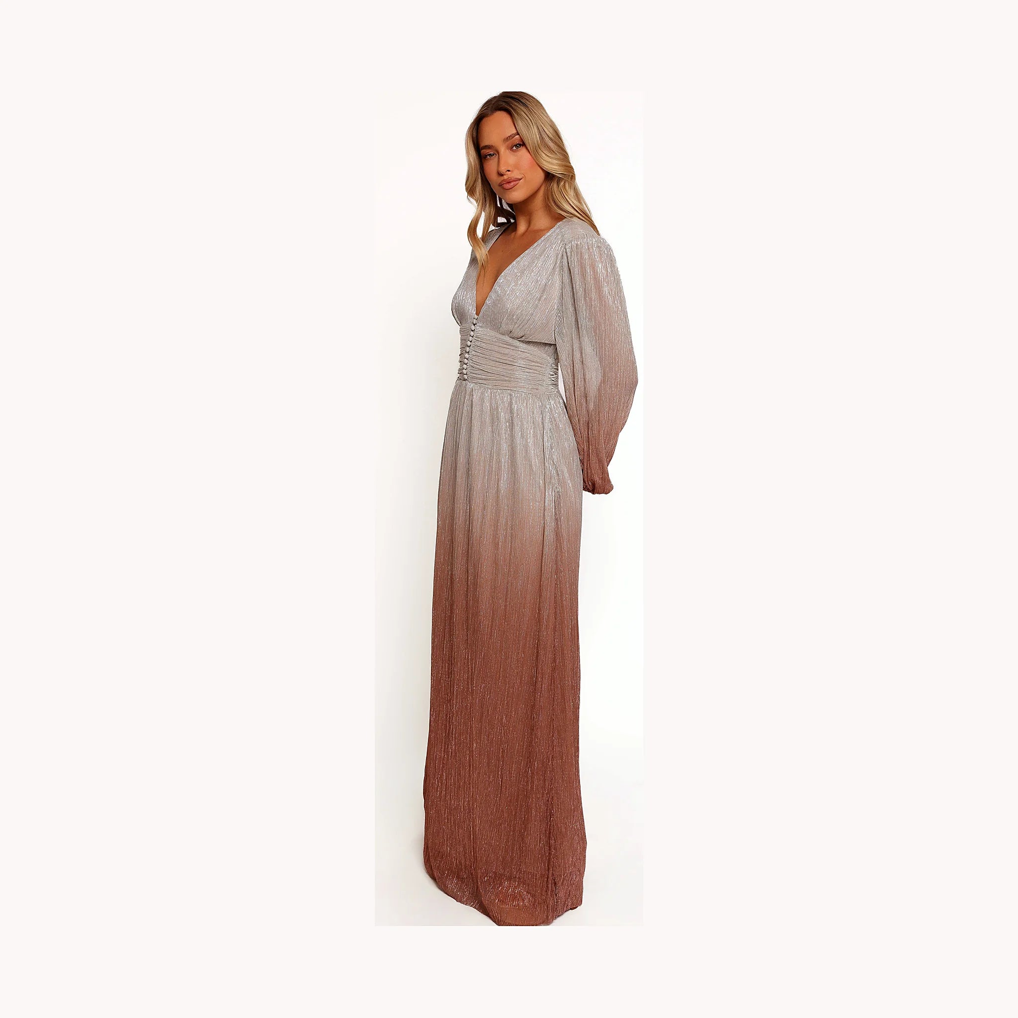 Floor-length dress with a ruched waist and functional button detail