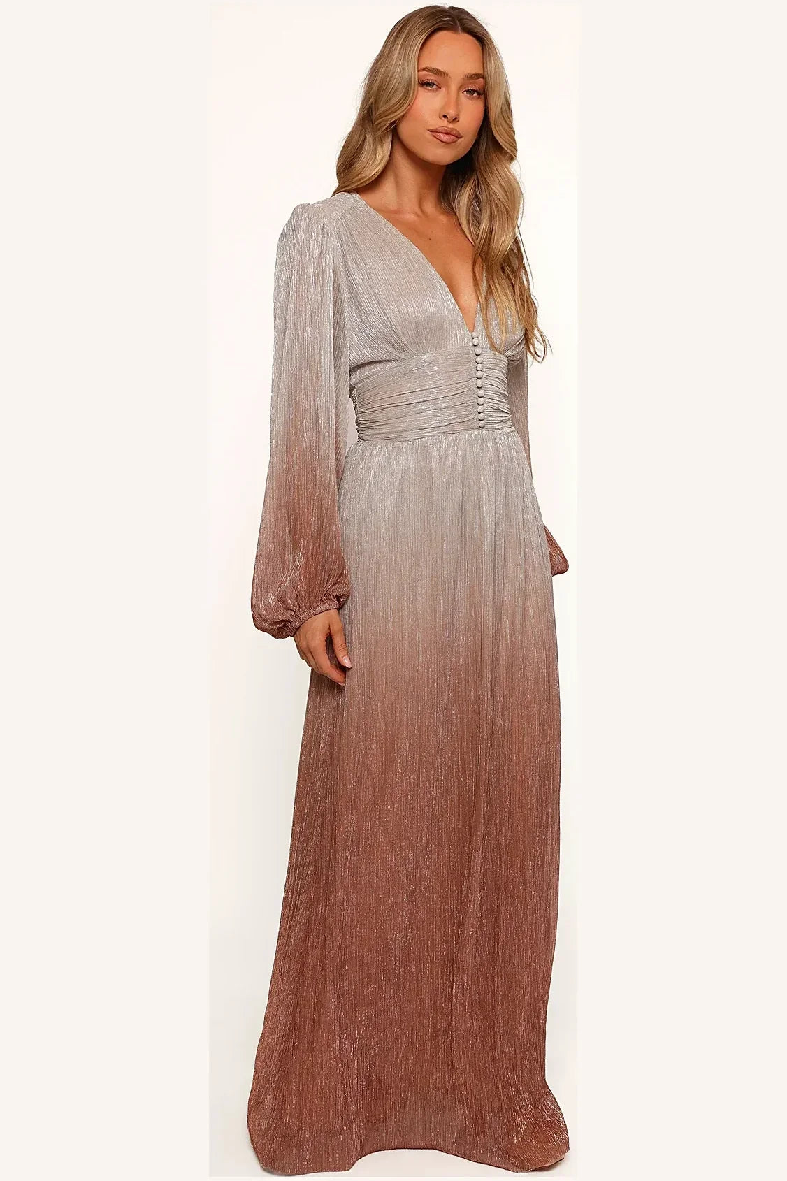Ruched waist and plisse pleat detail on the bronze maxi dress