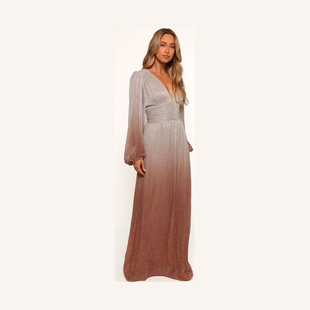 Metallic pleated maxi dress with an A-line skirt