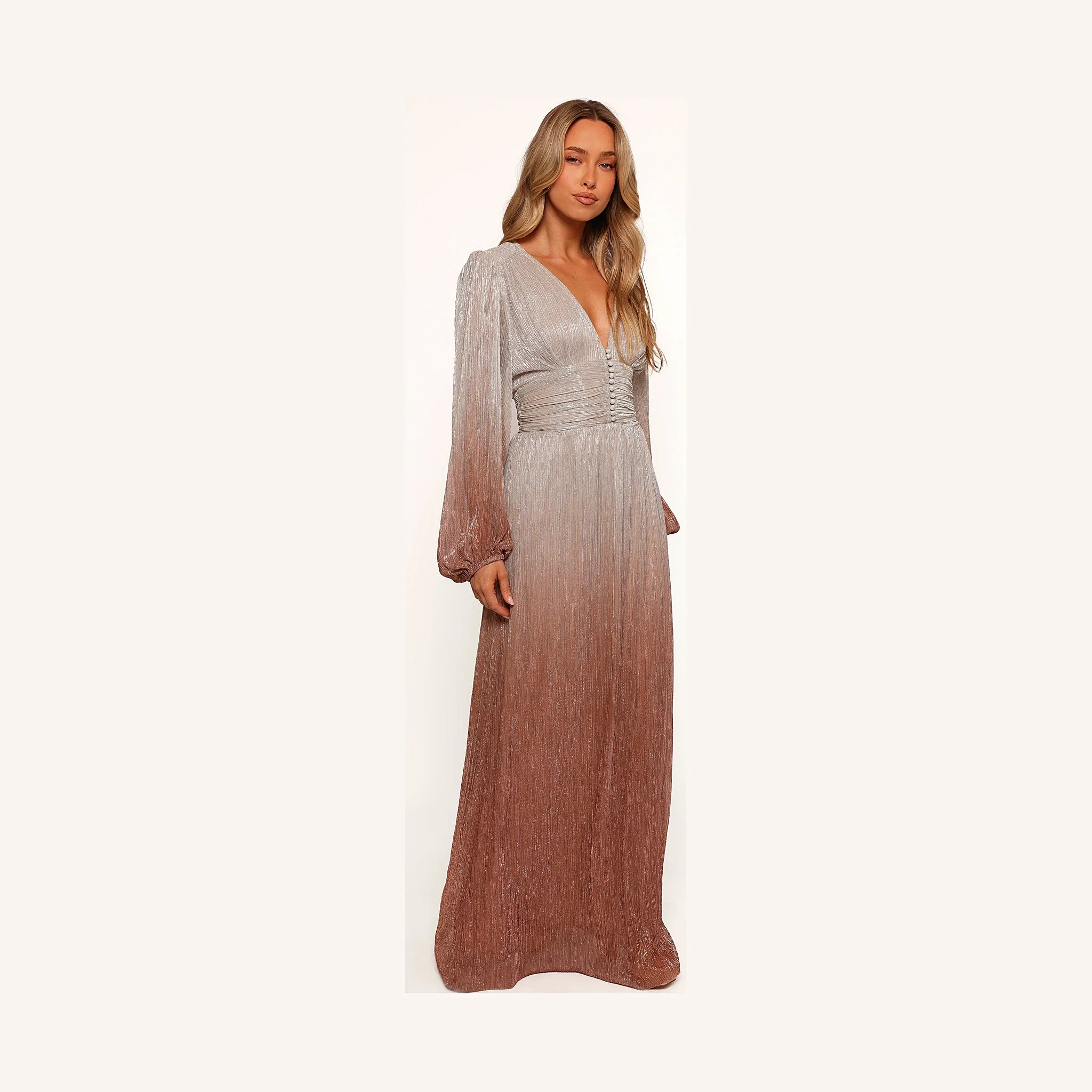 Metallic pleated maxi dress with an A-line skirt