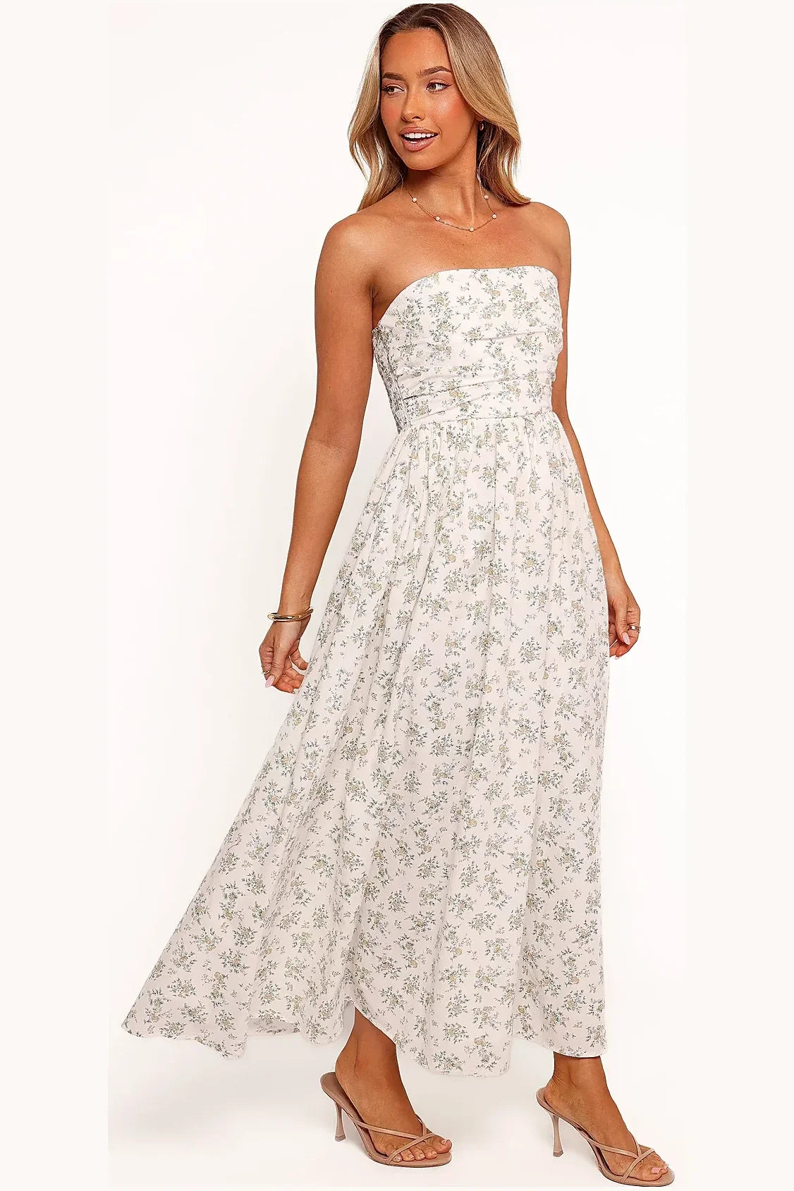 Floral strapless maxi dress with a pleated bodice