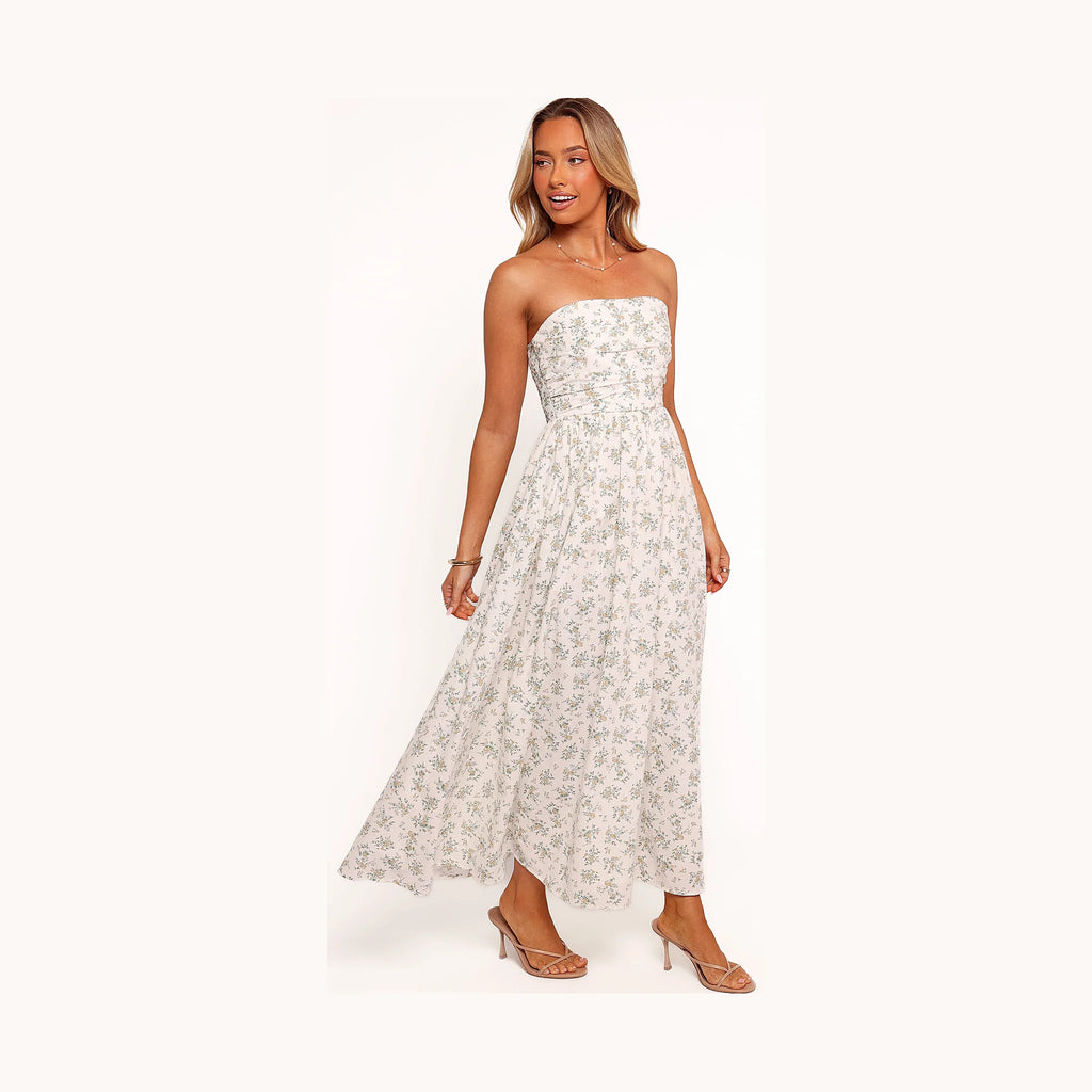 Floral strapless maxi dress with a pleated bodice