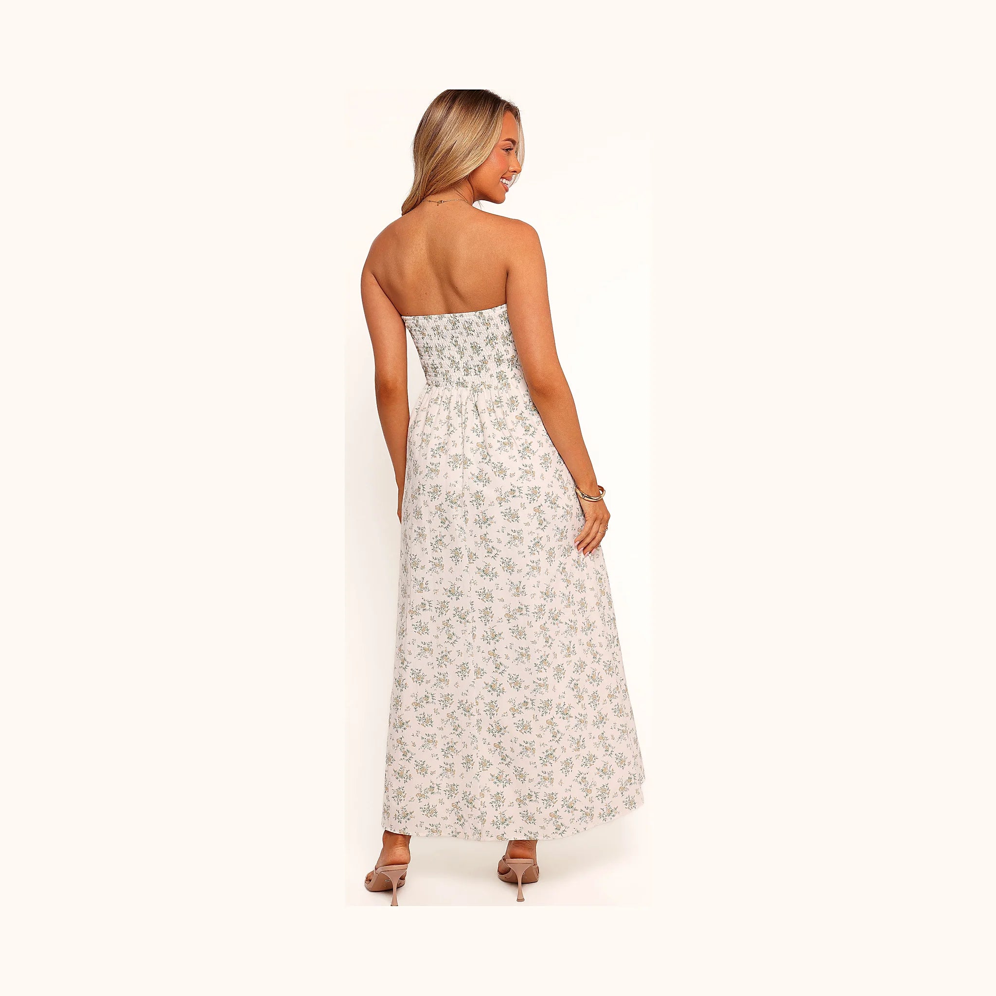 Floor-length flower print dress with a straight neckline