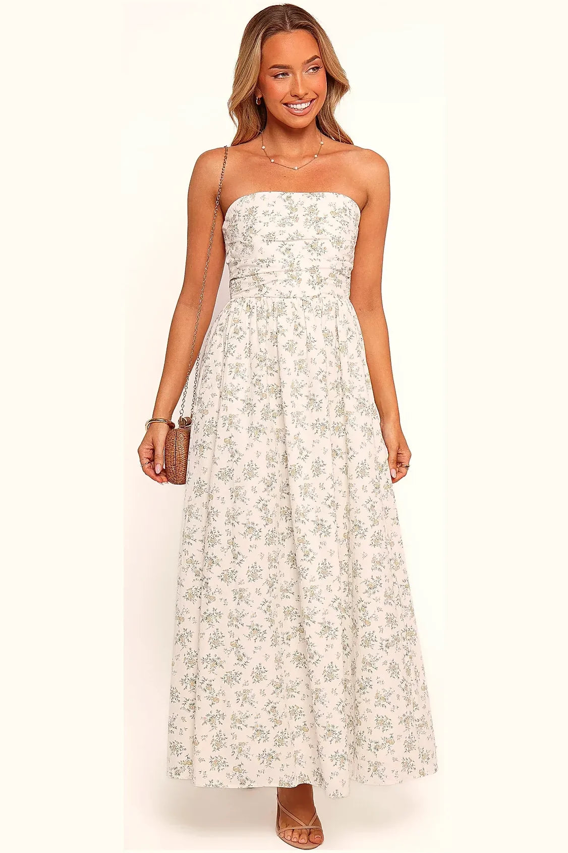 Long strapless dress with a shirred back panel