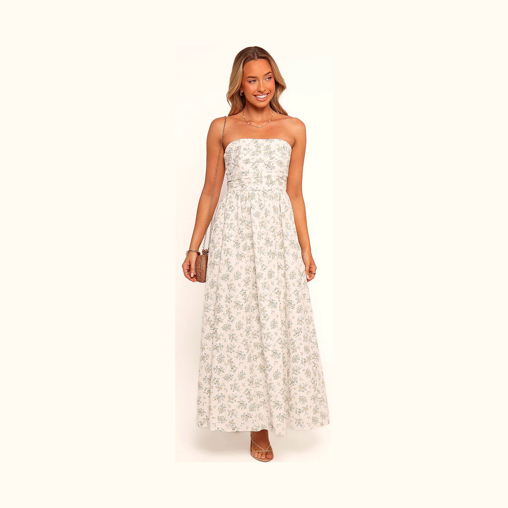 Long strapless dress with a shirred back panel