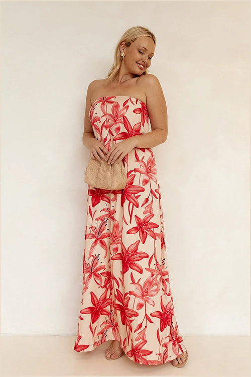 Long strapless dress in a bright flower print