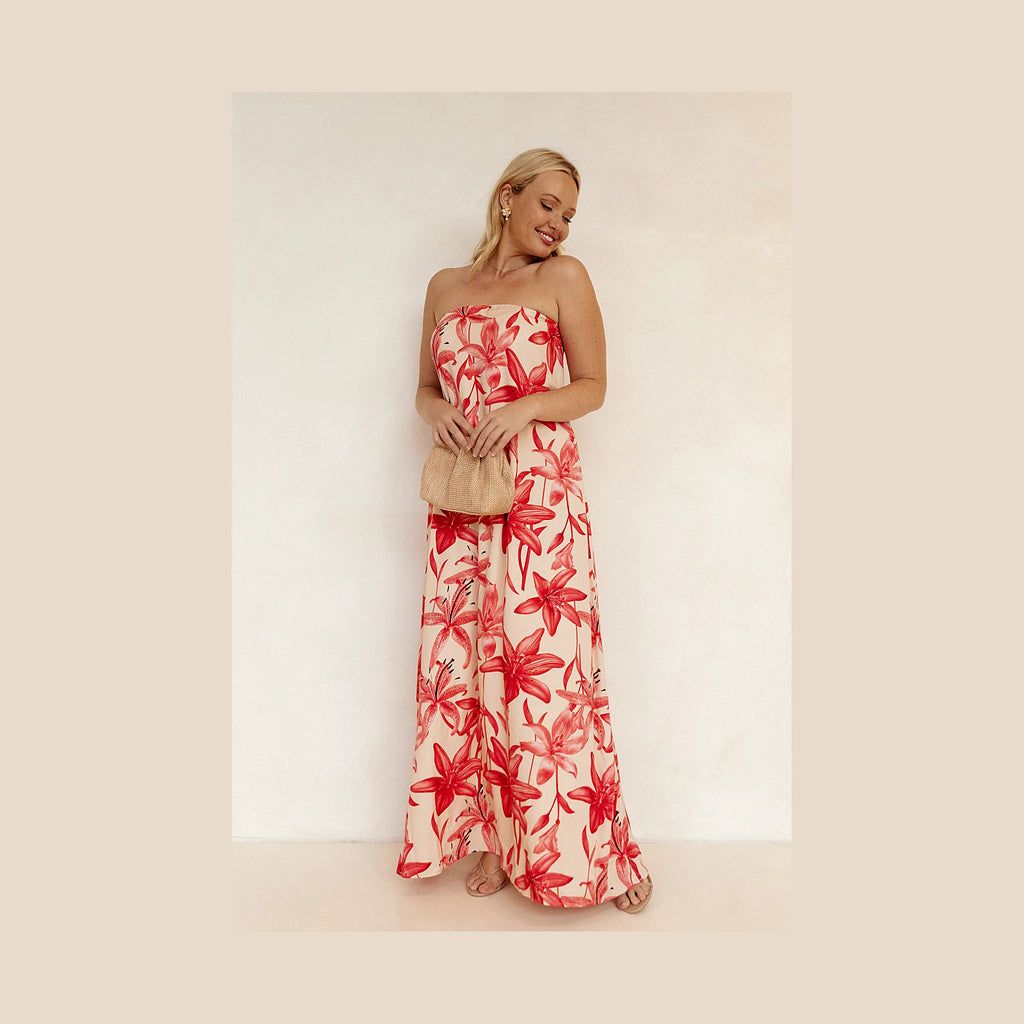 Long strapless dress in a bright flower print