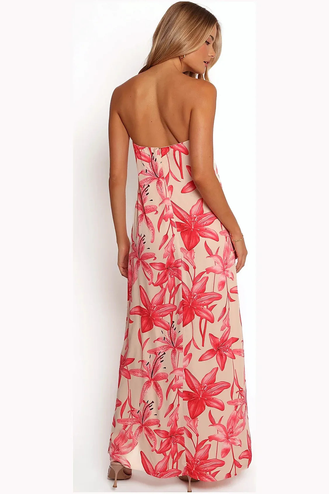 Detail of the pink floral print on the strapless bodice