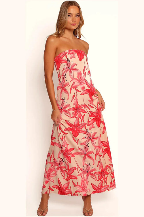 Pink floral strapless maxi dress with an A-line skirt