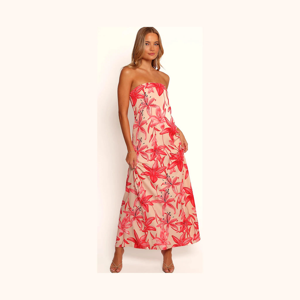 Pink floral strapless maxi dress with an A-line skirt