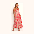 Pink floral strapless maxi dress with an A-line skirt