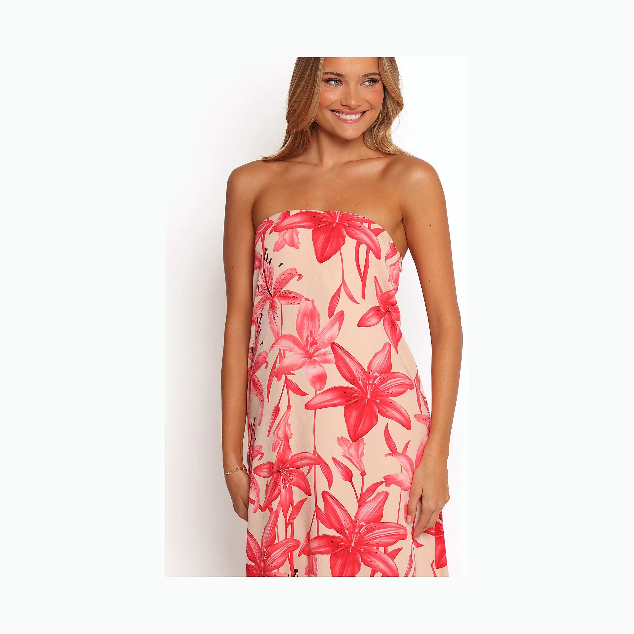 Floor-length floral dress with an elasticised back