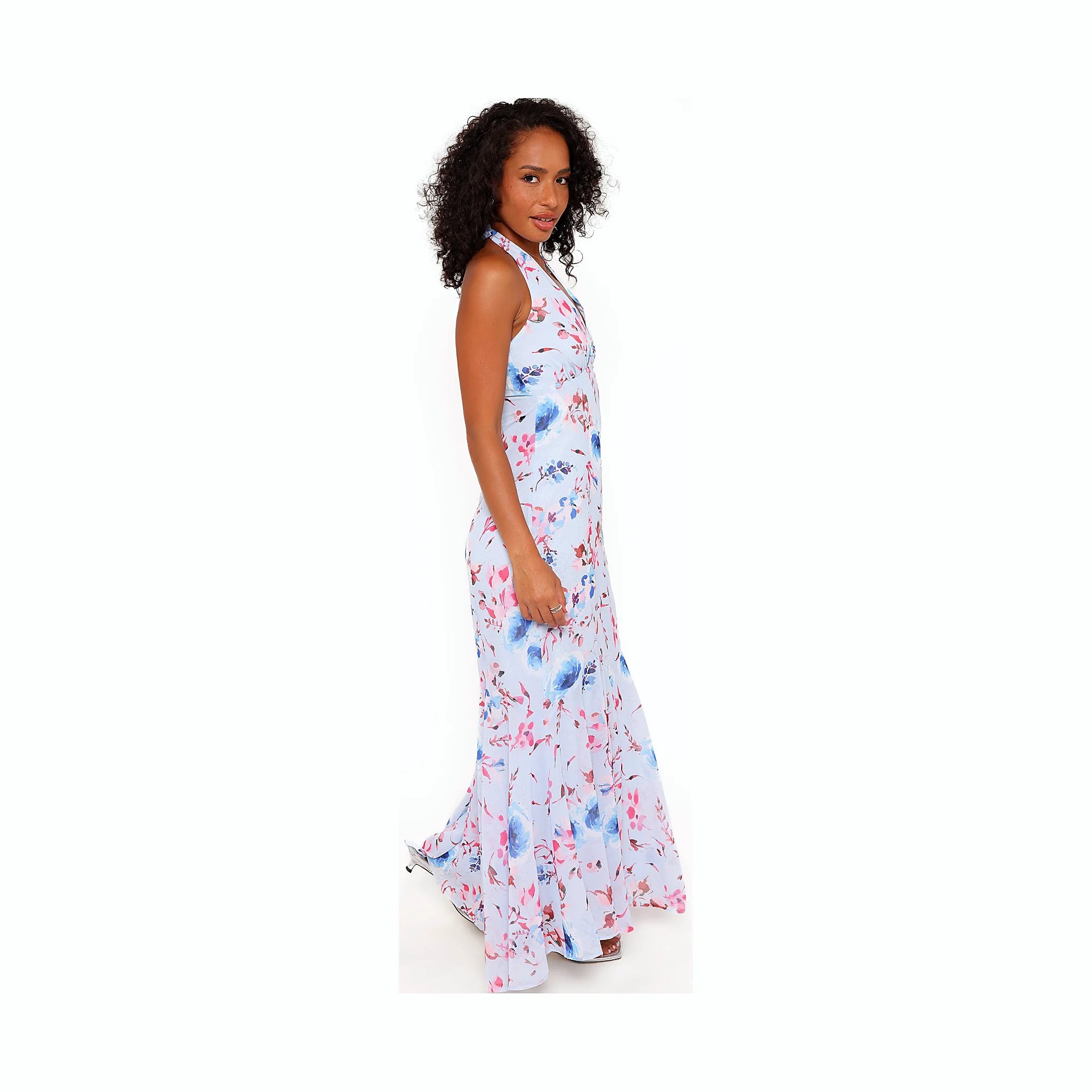 Floor-length floral dress fastening at the neck