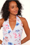 Blue floral halterneck maxi dress, front view
