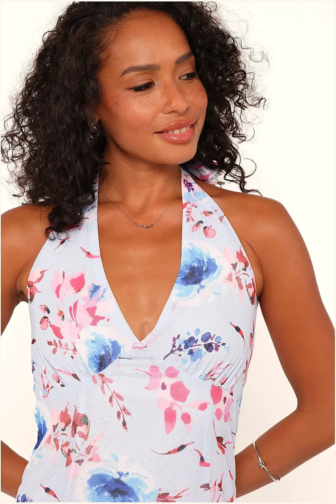 Blue floral halterneck maxi dress, front view