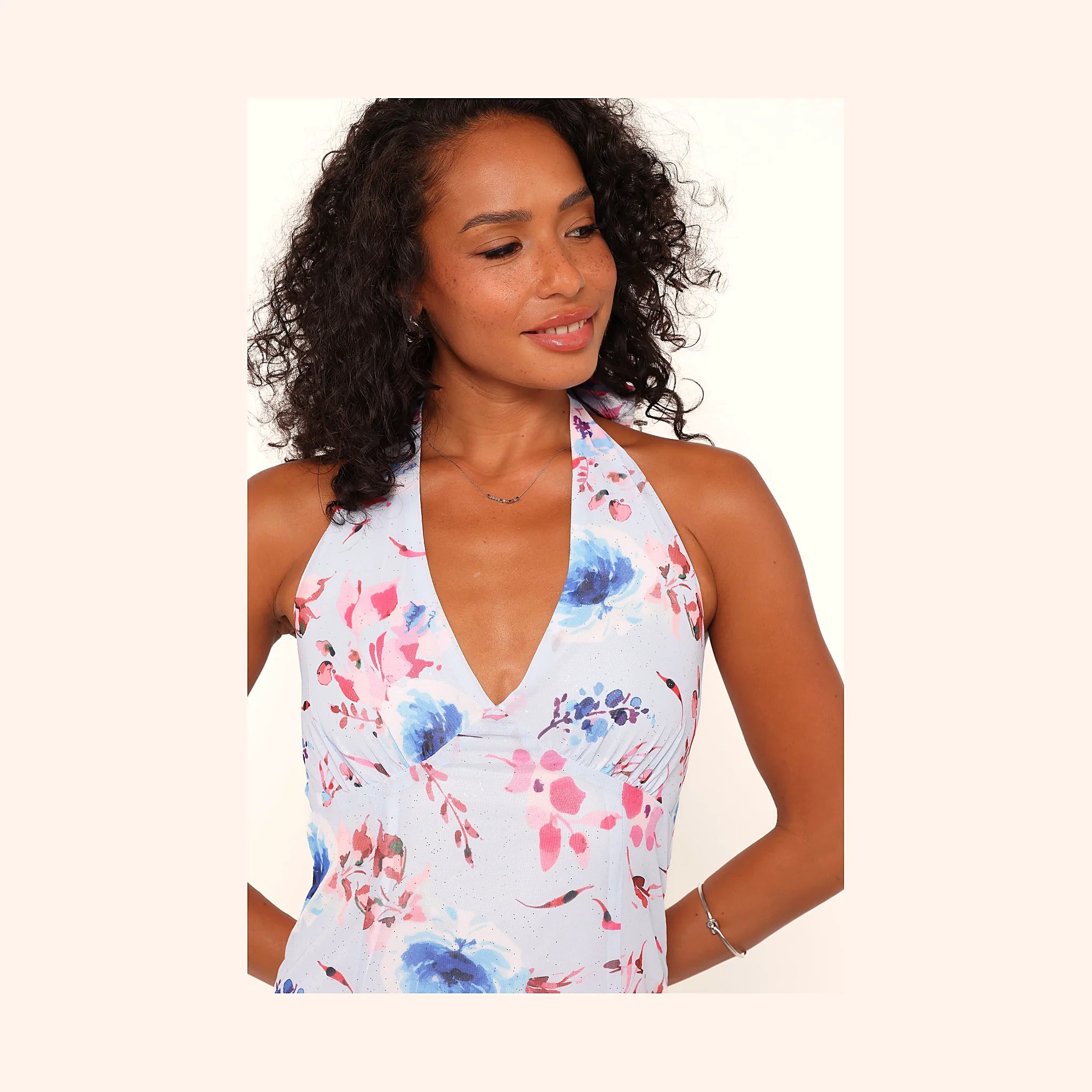 Blue floral maxi dress with a halterneck