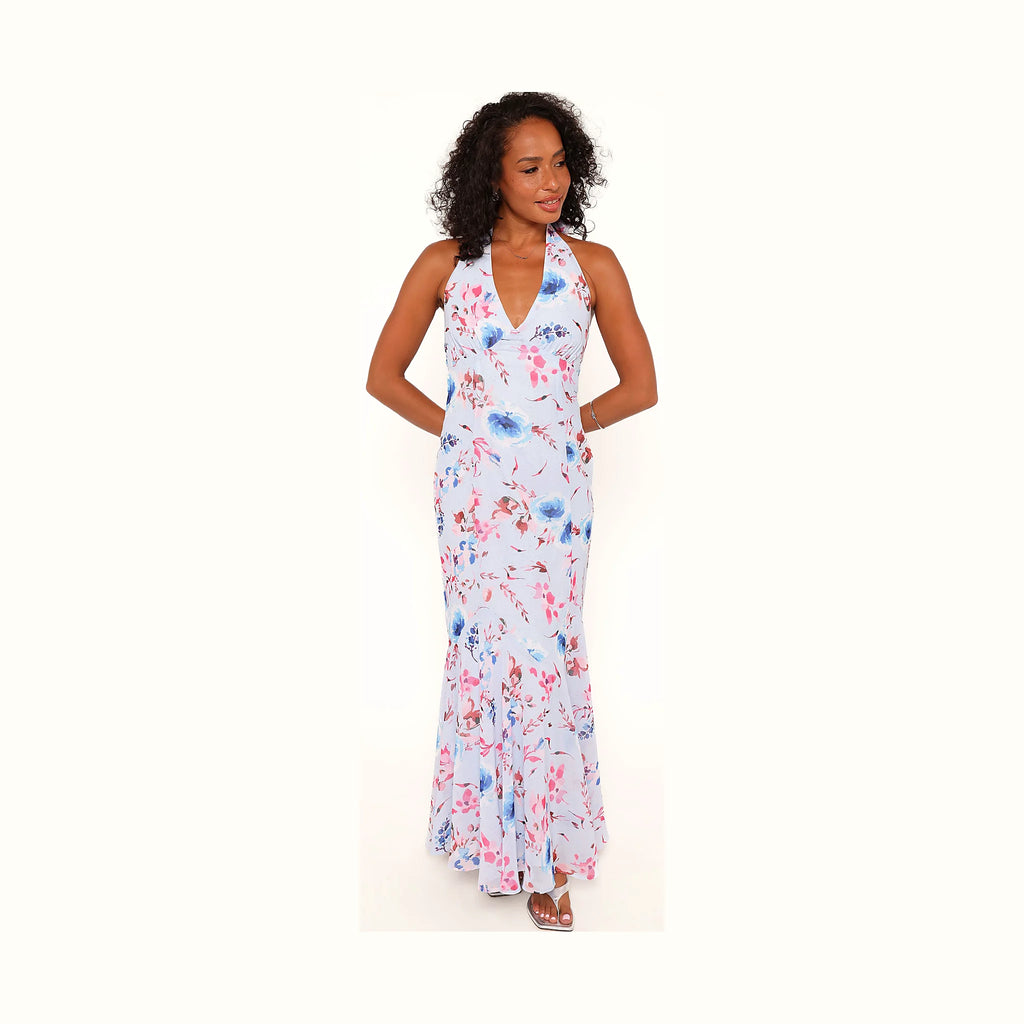 Long dress in a blue flower print with bare shoulders