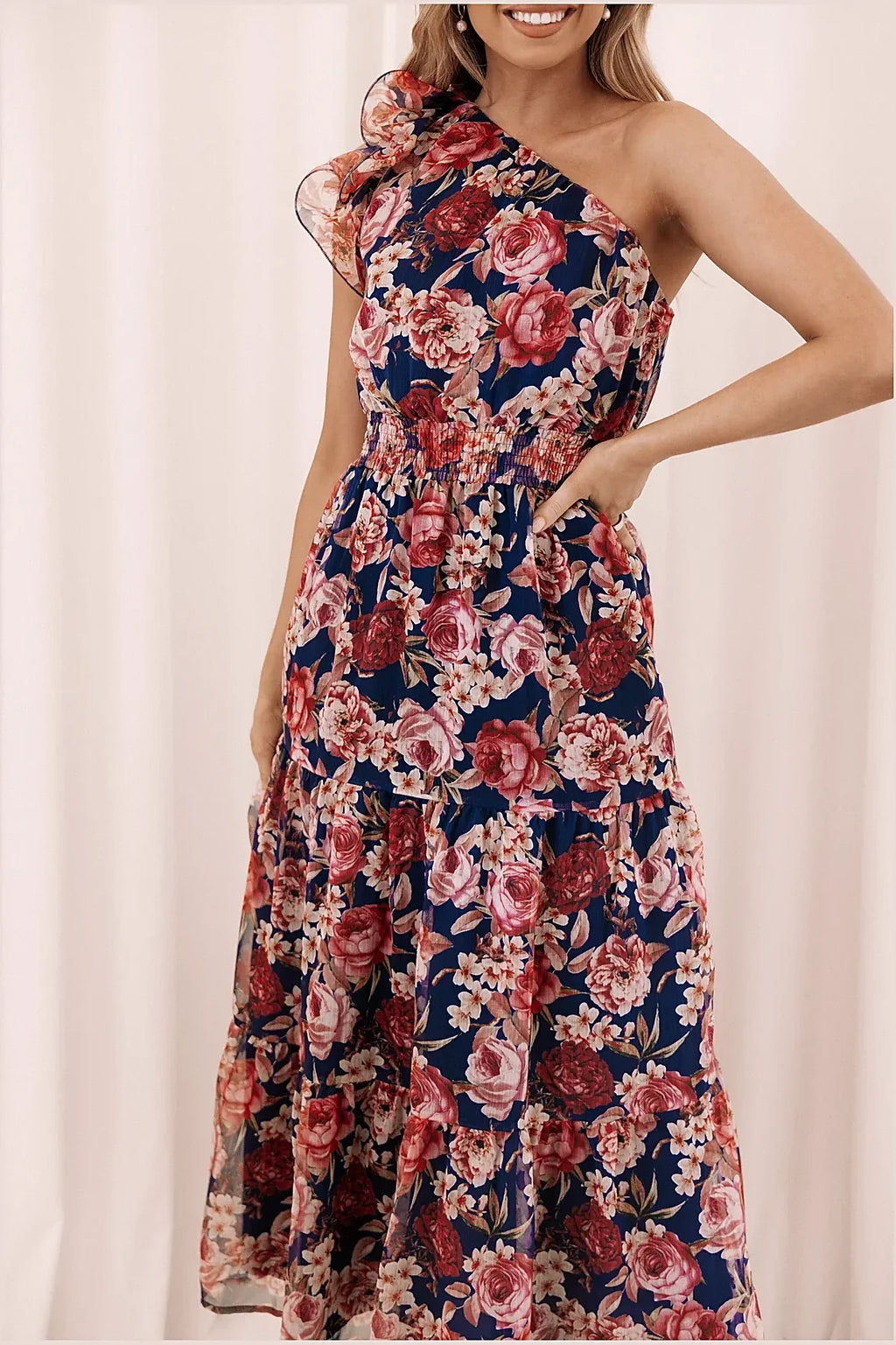 Navy floral one-shoulder maxi dress from the side