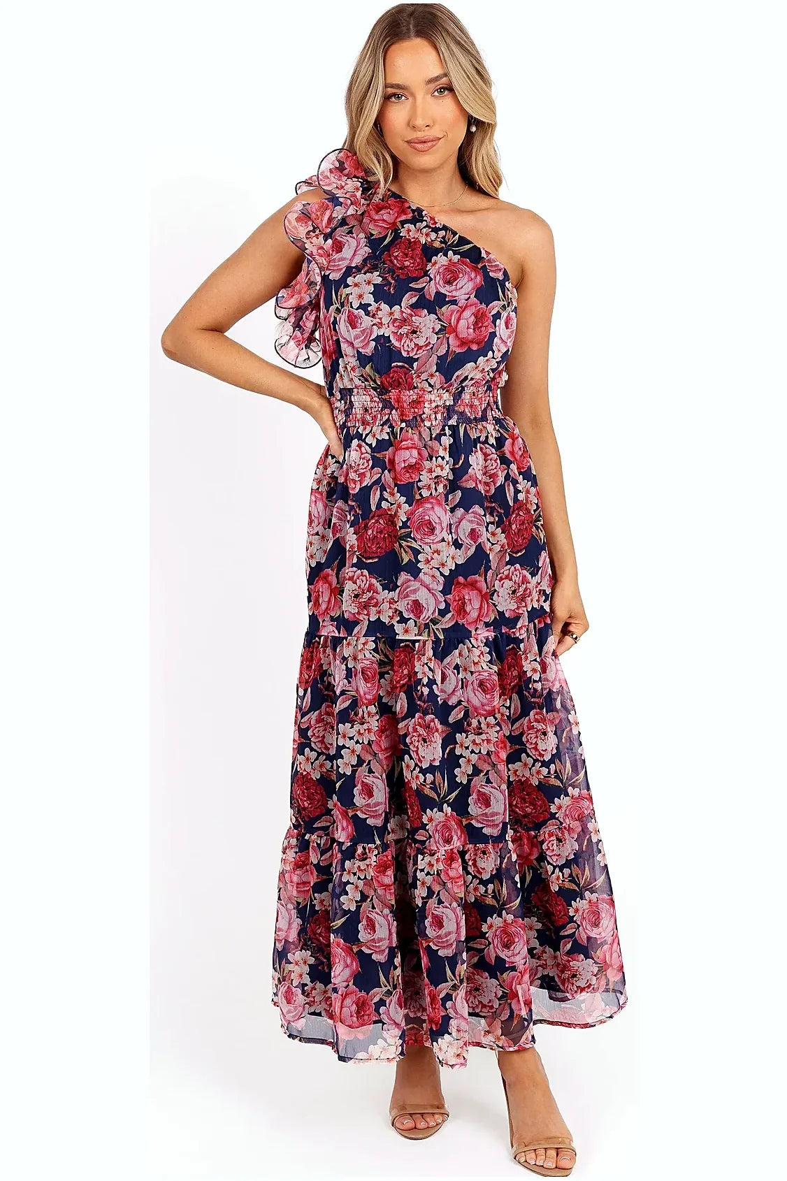 Close-up of the one-shoulder detail on the navy floral maxi