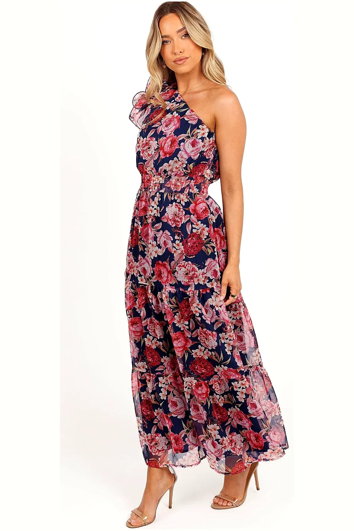 Navy floral one-shoulder maxi dress, front view