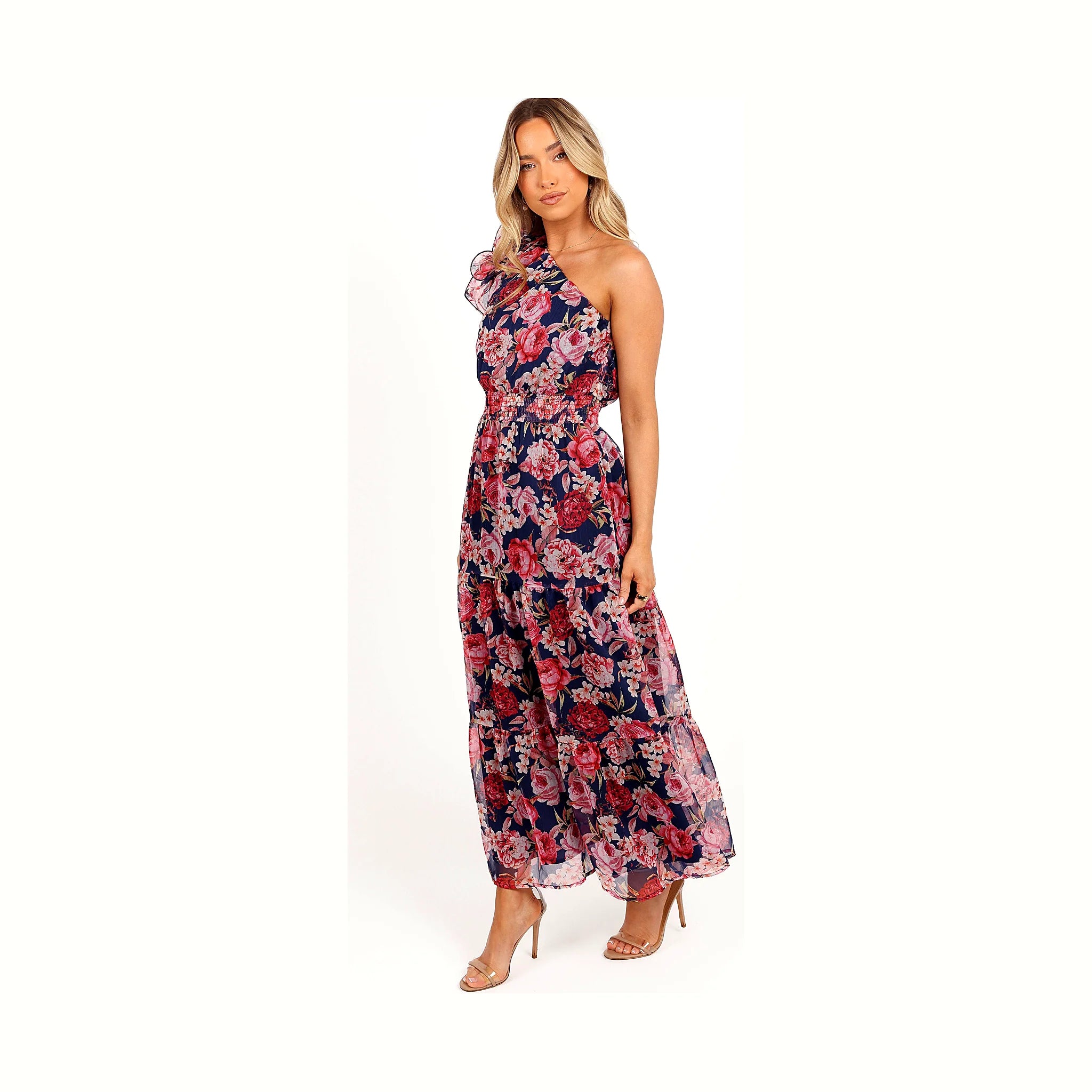 Navy floral maxi dress with a one-shoulder neckline