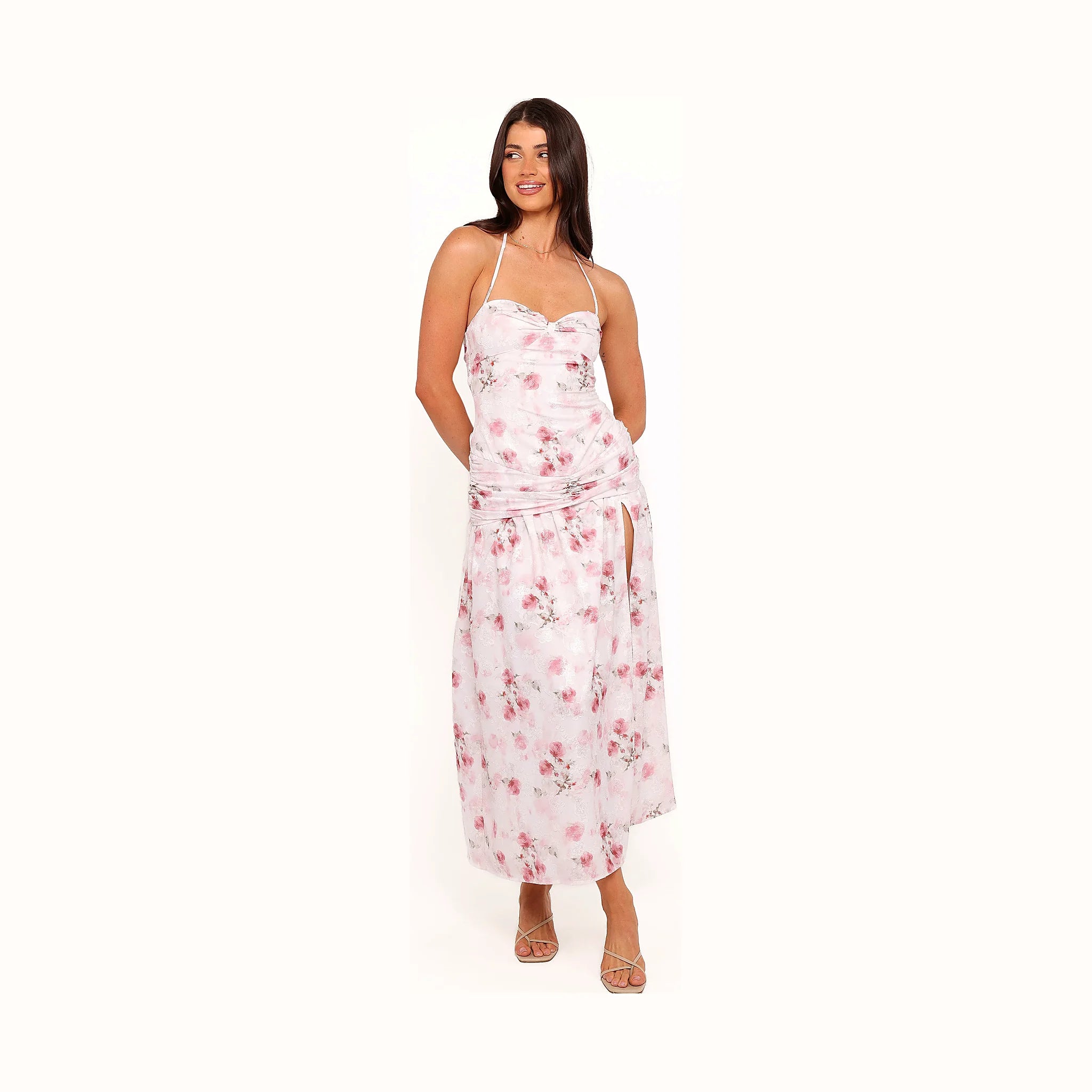 Mid-length floral dress with a high split in the skirt