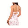 Pink floral midi dress with a sweetheart neckline and tie halterneck