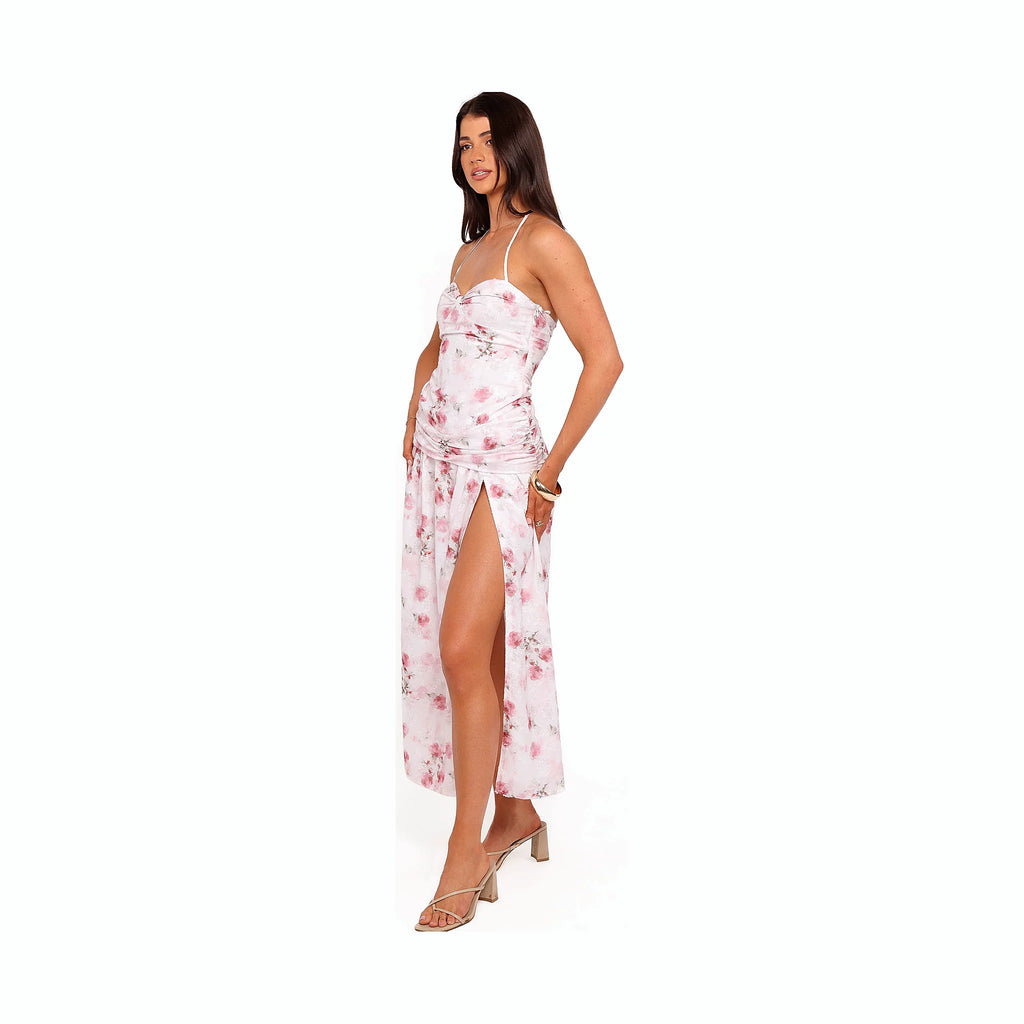 Textured floral print dress with gathered ruched detail