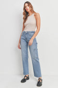 Cargo pocket detailing on the leg of a wide-leg jean