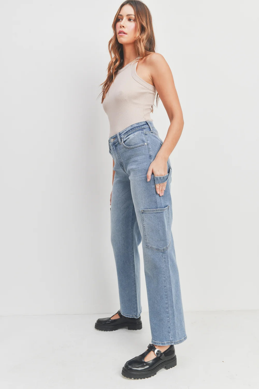 Light rinse wash across a relaxed wide-leg denim