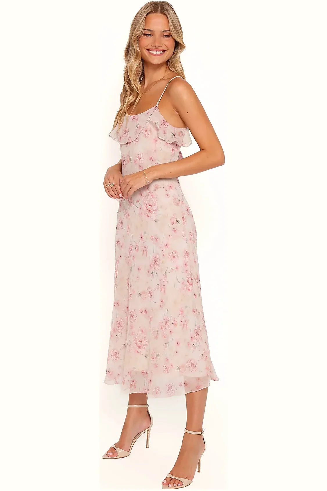 Back view of a pink and mauve floral maxi dress