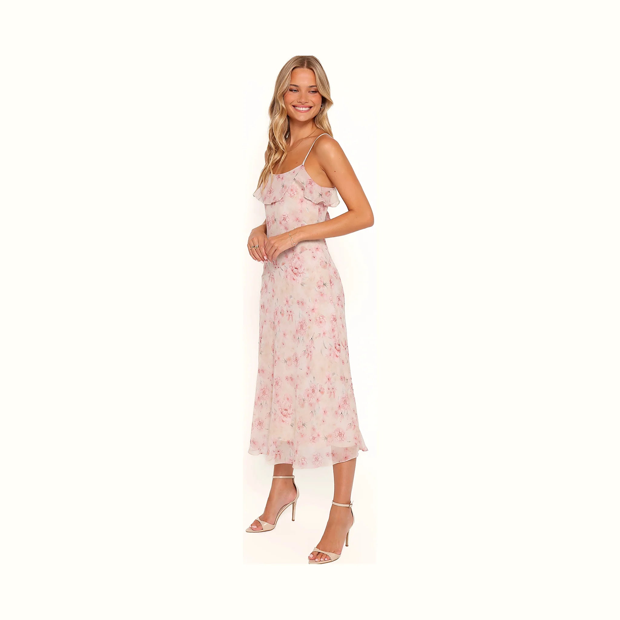Floor-length floral dress in muted pink tones