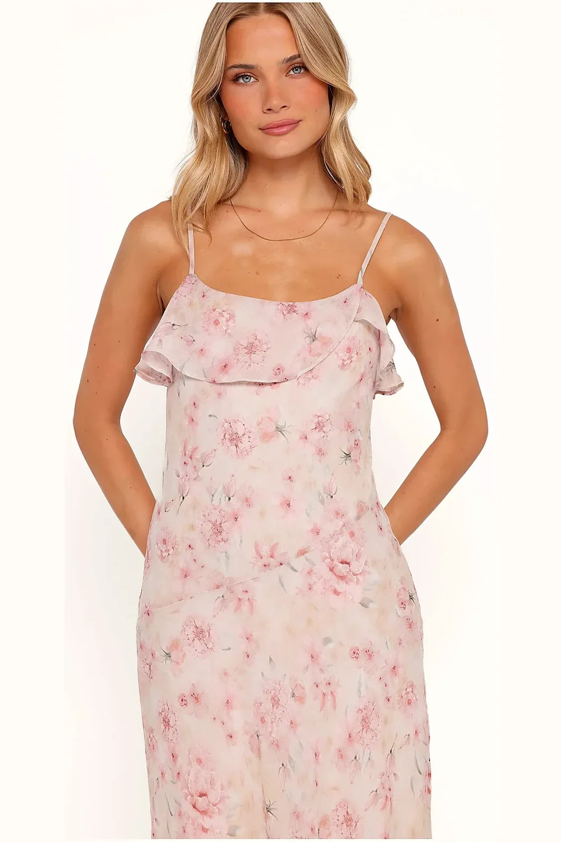 Pink and mauve floral maxi dress, front view