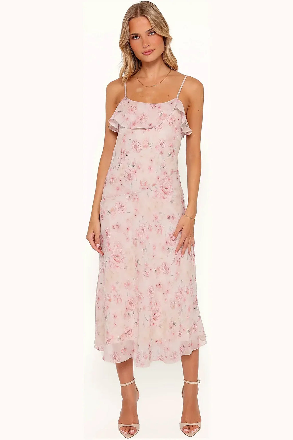 Long pink and mauve floral dress seen from the side