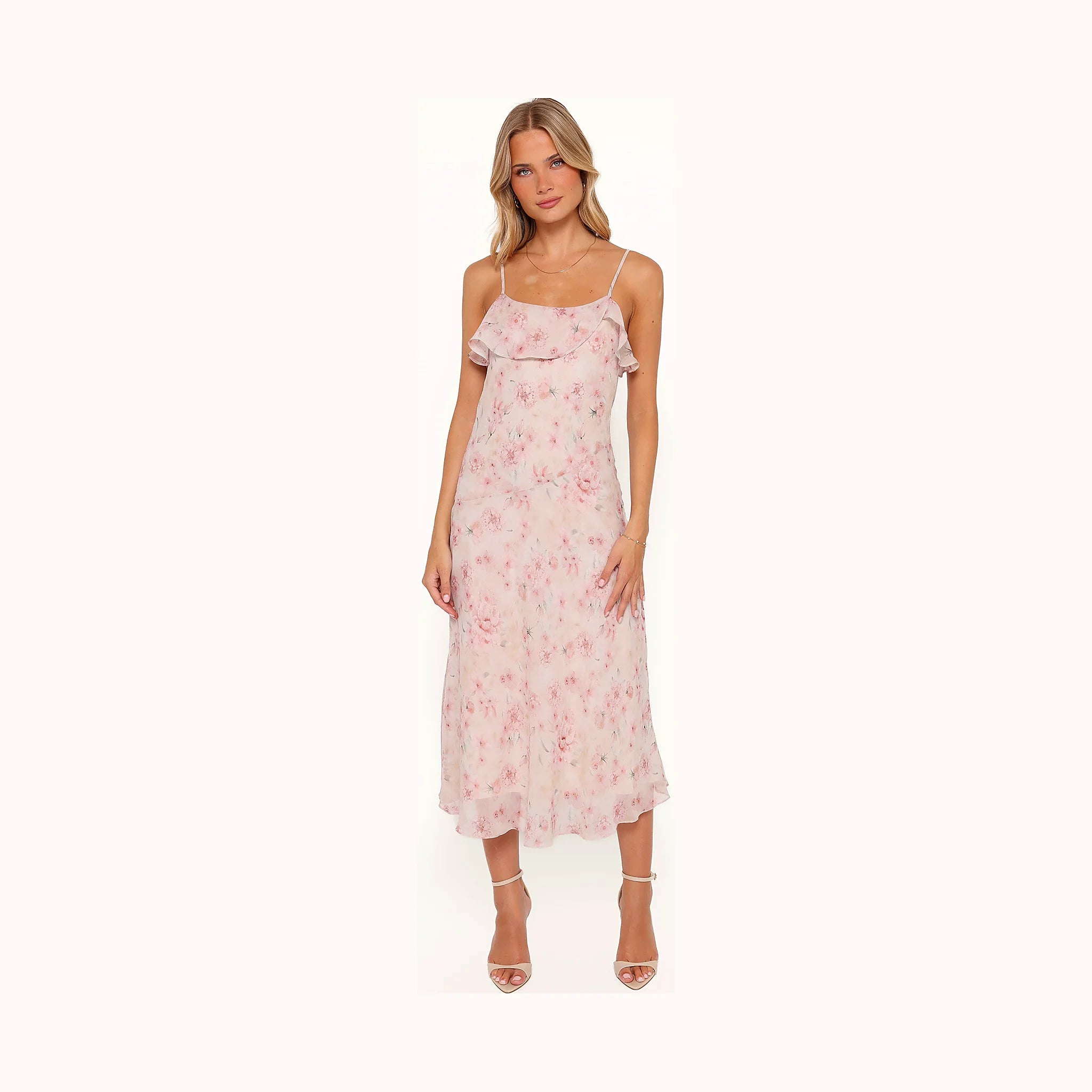 Long dress with a soft pink flower print