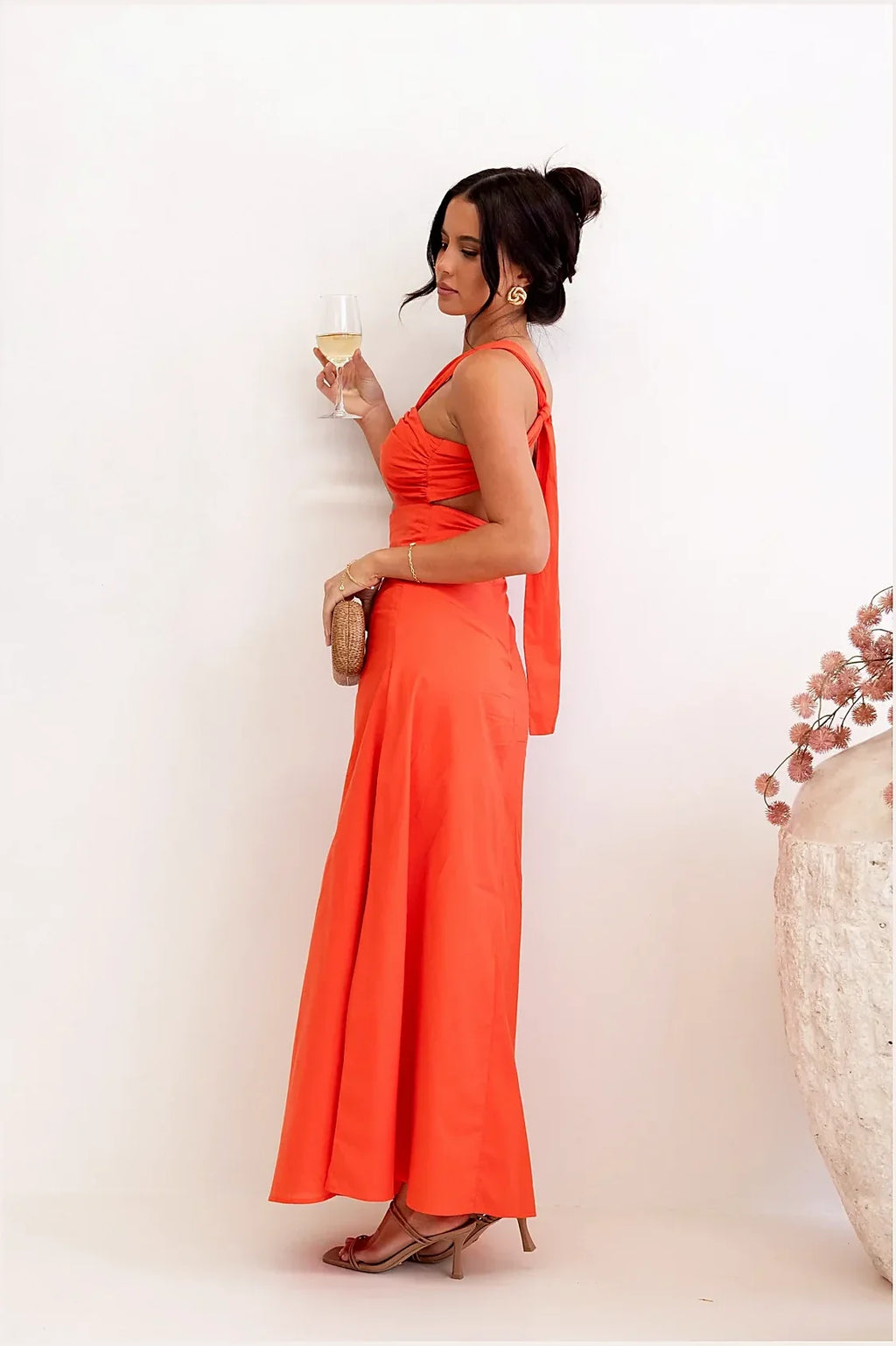 Tangerine one-shoulder cotton maxi dress, front view