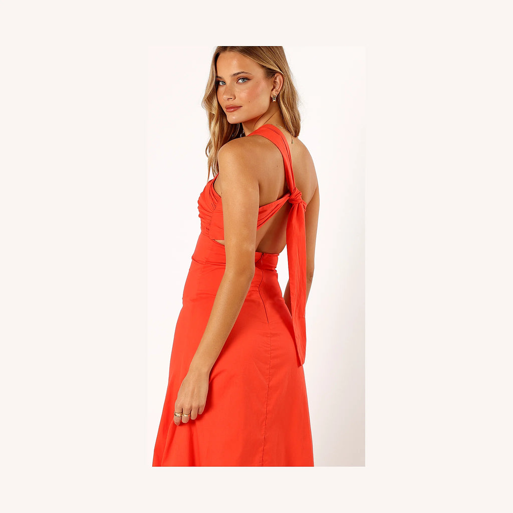 One-shoulder maxi dress in a vivid tangerine shade