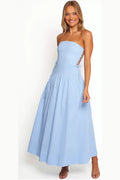 Blue strapless maxi dress with side tie, front view