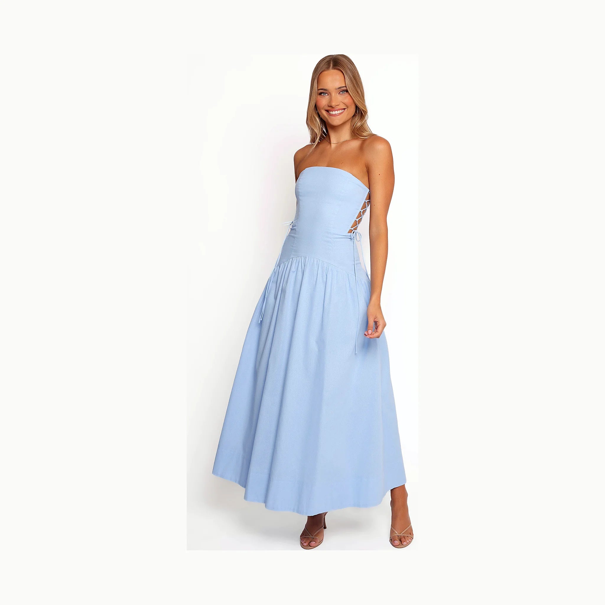 Blue maxi dress with a structured boned bodice