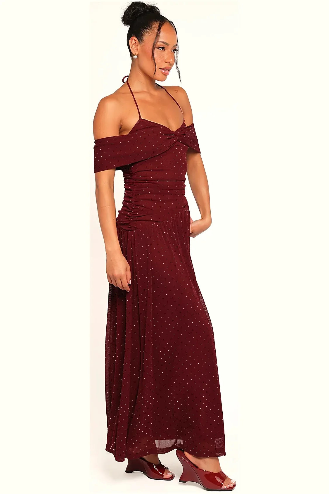 Polka dot print detail on the burgundy maxi dress