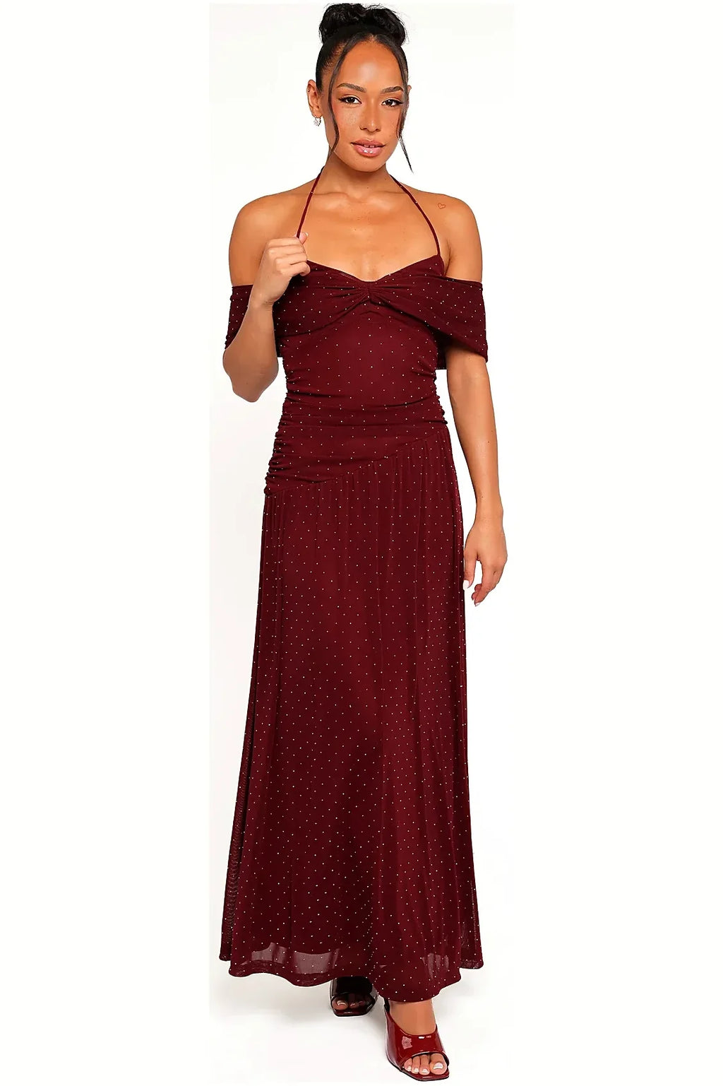 Burgundy polka dot maxi dress with a halterneck, front view