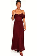 Burgundy polka dot maxi dress with a halterneck, front view