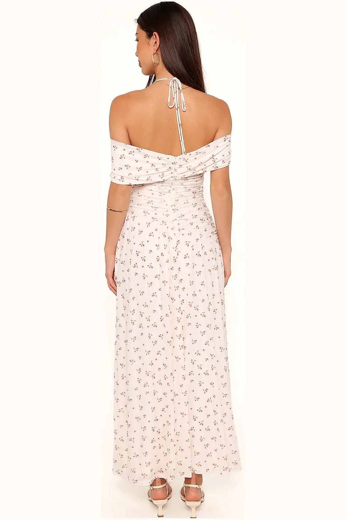 Detail of the small floral print and halter tie