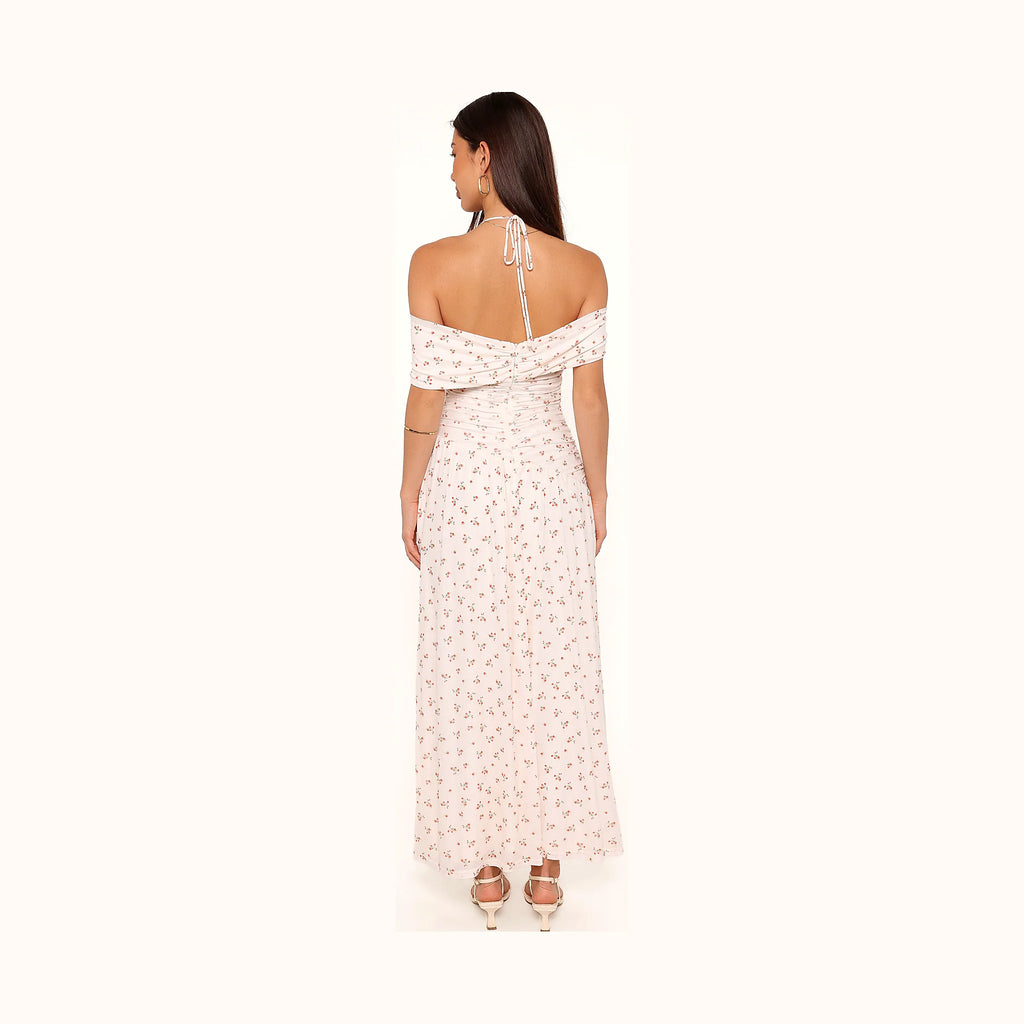 White print dress with gathered ruched detail