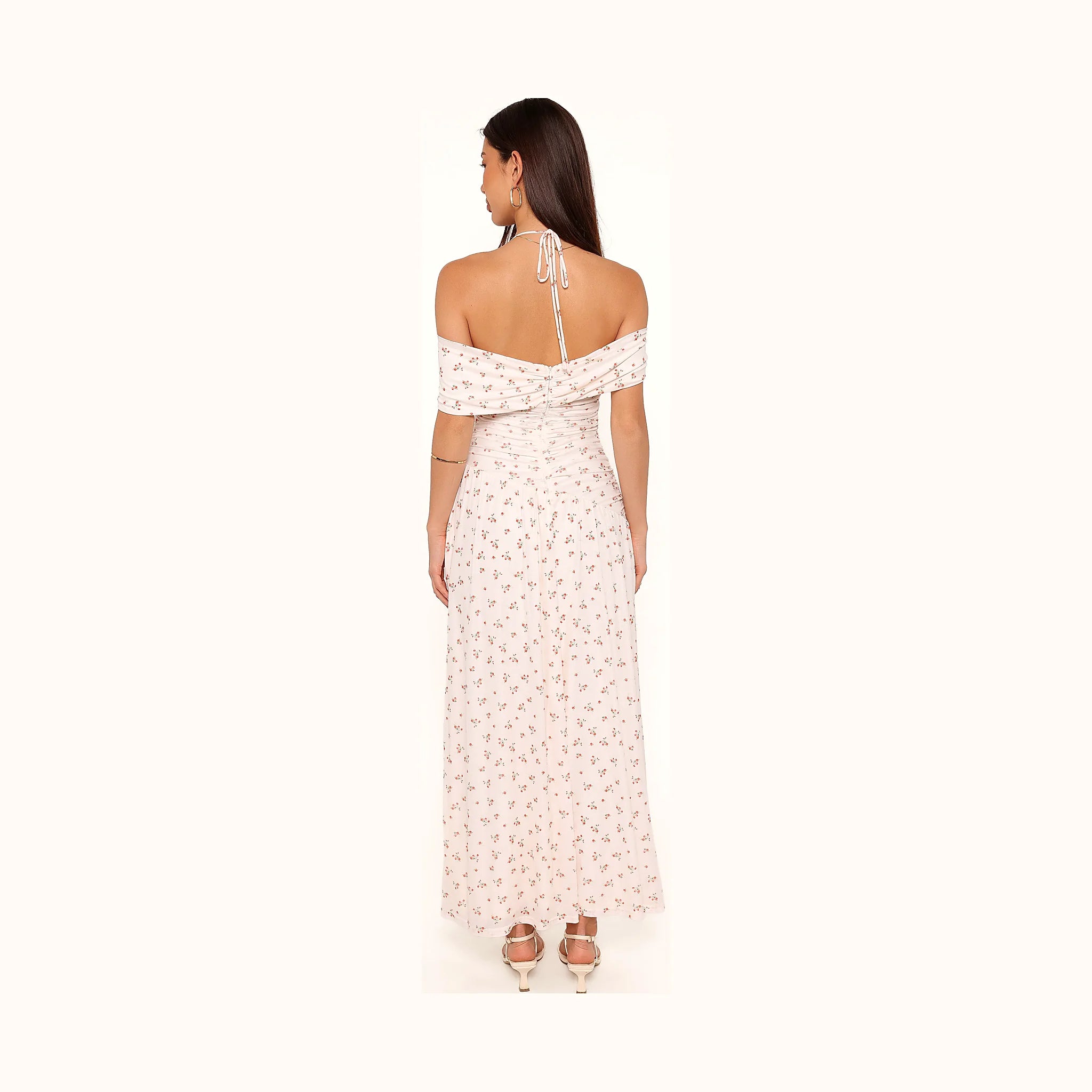 White print dress with gathered ruched detail
