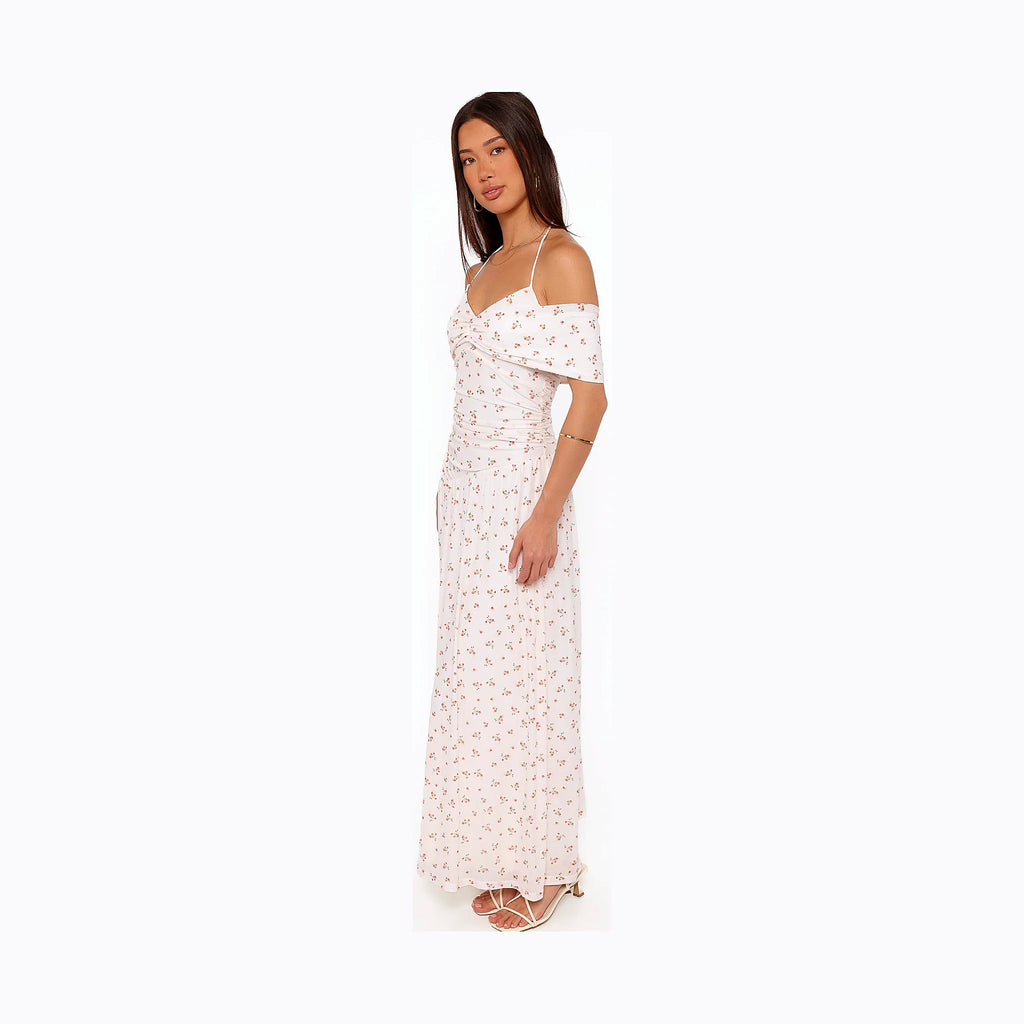 Floral maxi dress with short off-shoulder sleeves