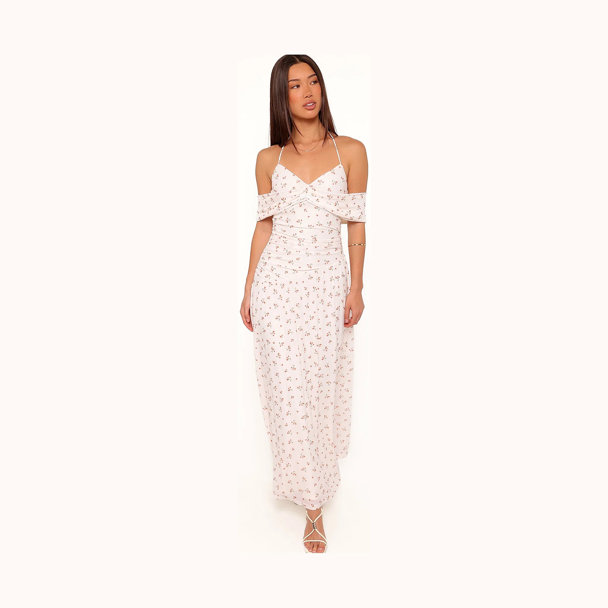 Long white dress with a small all-over flower print