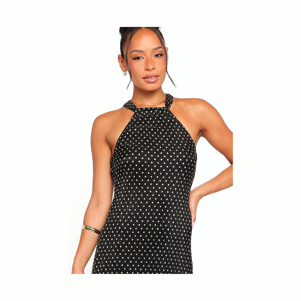 Long plisse dress with a black and gold polka dot print