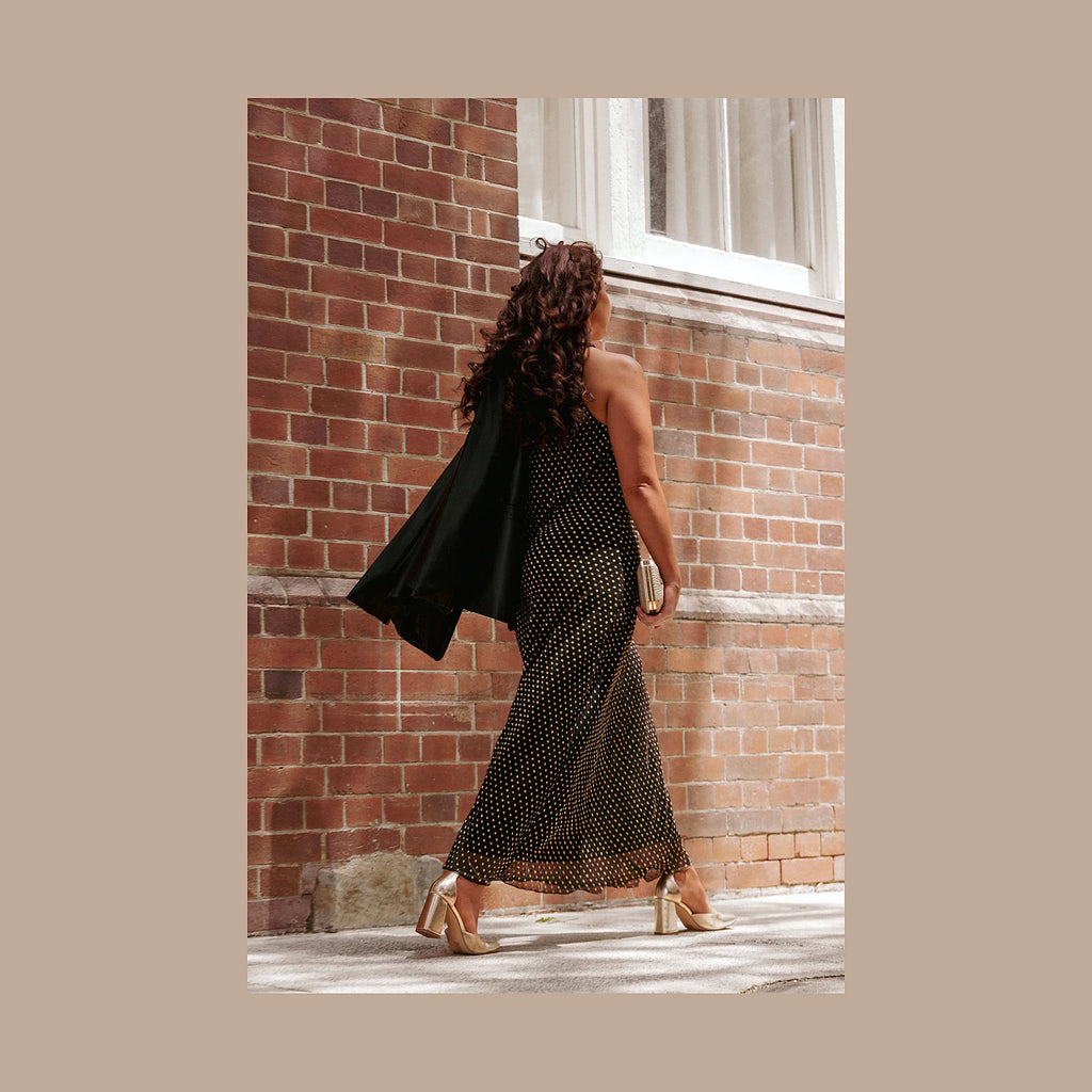 Melody Plisse Halter Maxi Dress - Black/Gold Polka Dot