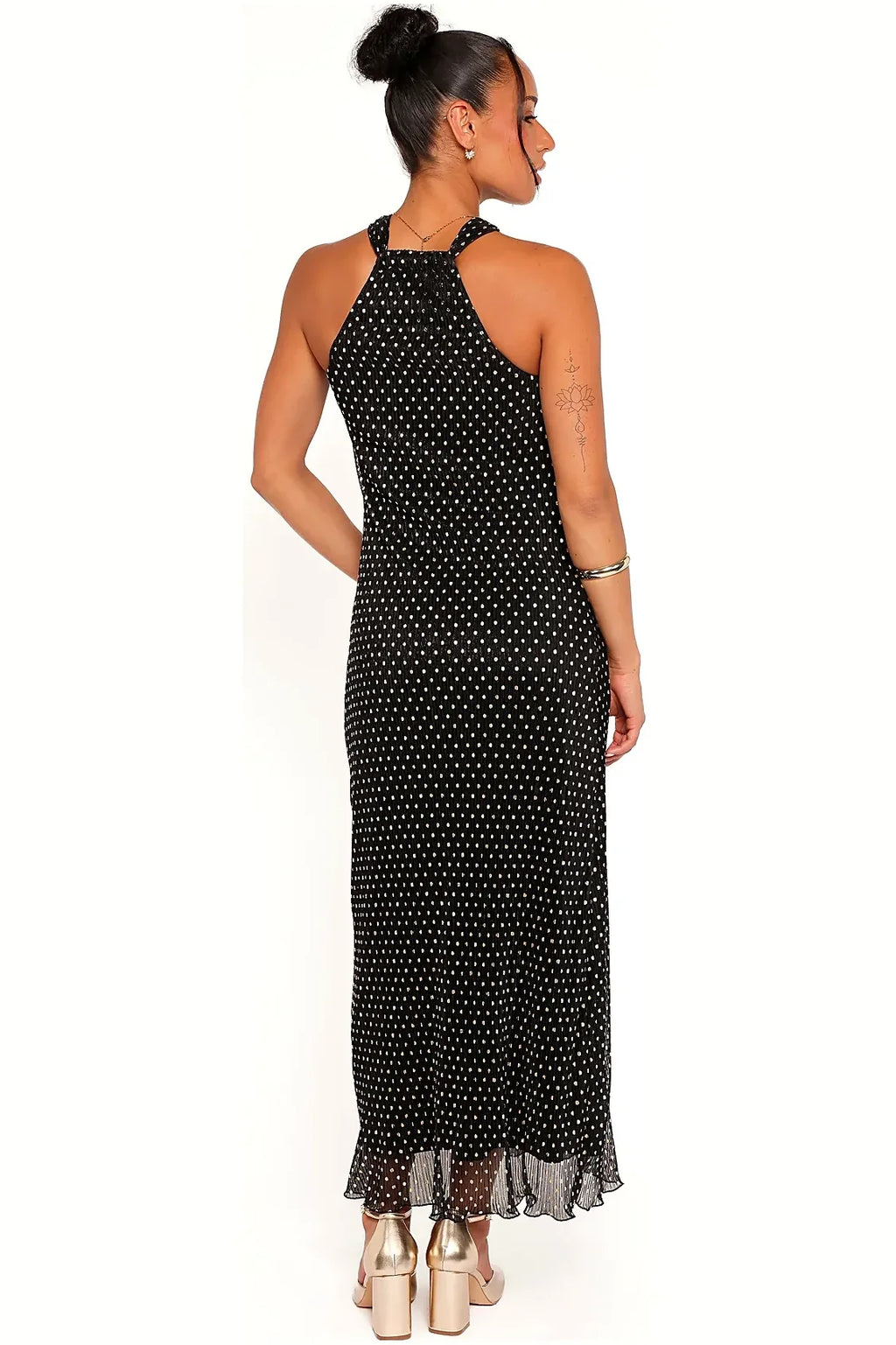 Melody Plisse Halter Maxi Dress - Black/Gold Polka Dot